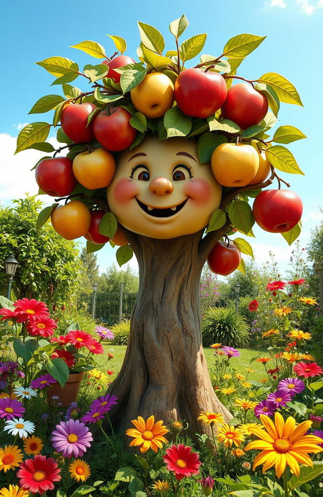 A whimsical garden scene featuring a personified apple tree, with a variety of apples hanging from its branches, each apple representing different actions or attitudes of the character