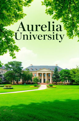 A cover page design for a story titled 'Aurelia University', featuring a vibrant green university campus