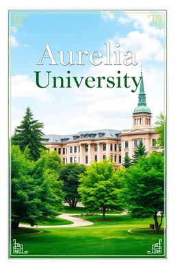 A cover page design for a story titled 'Aurelia University', featuring a vibrant green university campus