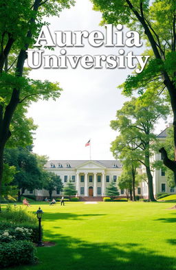 A cover page design for a story titled 'Aurelia University', featuring a vibrant green university campus