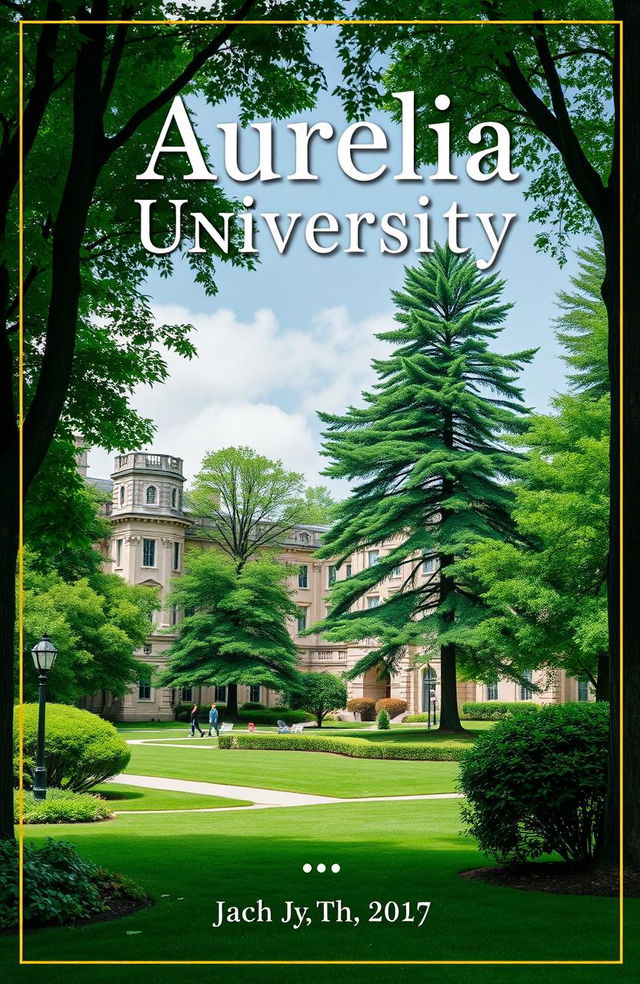 A cover page design for a story titled 'Aurelia University', featuring a vibrant green university campus