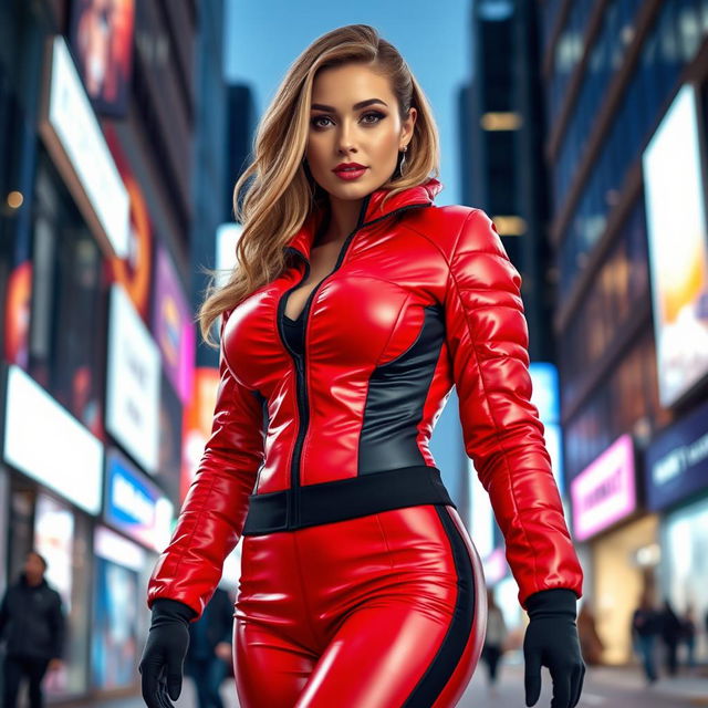 A stunningly attractive woman in a tight, shiny red and black puffer suit that highlights her curvy figure and ample bust