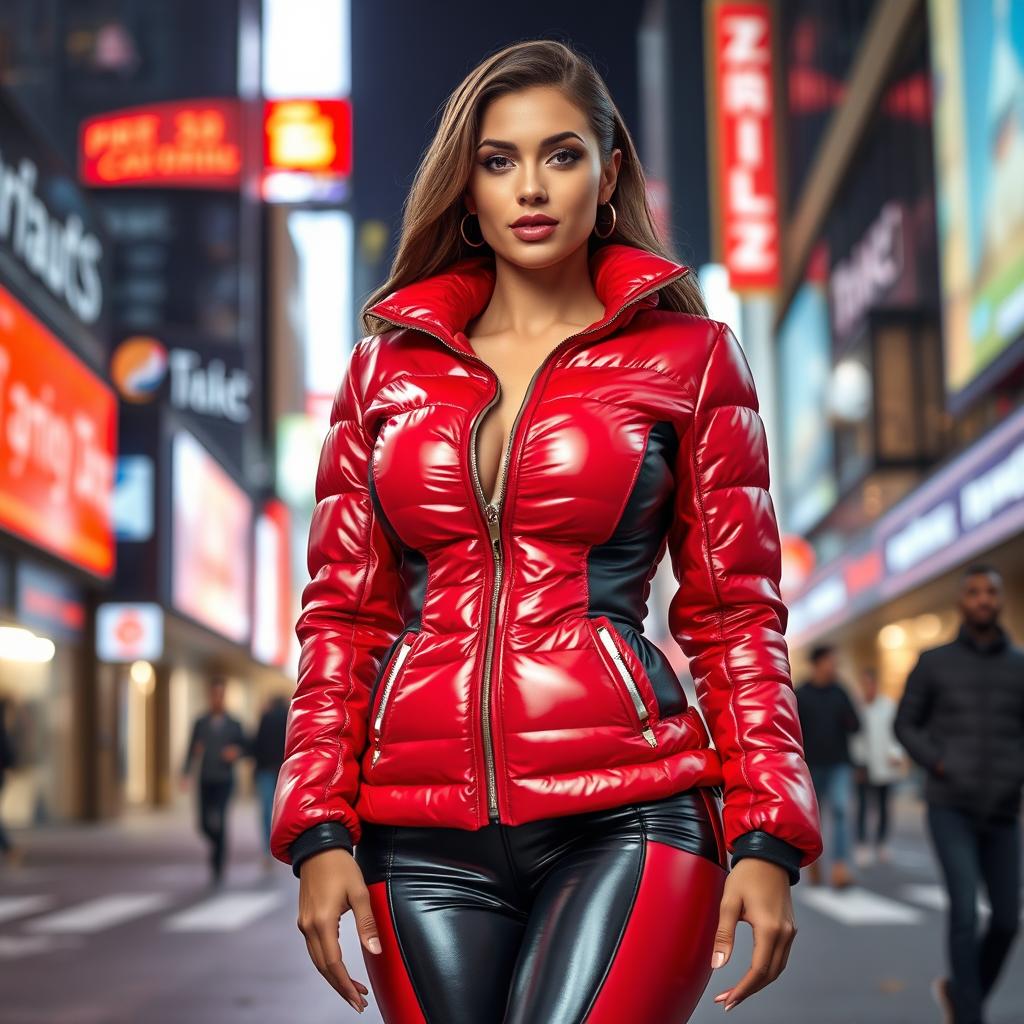 A stunningly attractive woman in a tight, shiny red and black puffer suit that highlights her curvy figure and ample bust