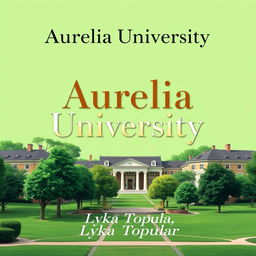 A cover page design for a story titled 'Aurelia University', featuring a vibrant green university campus
