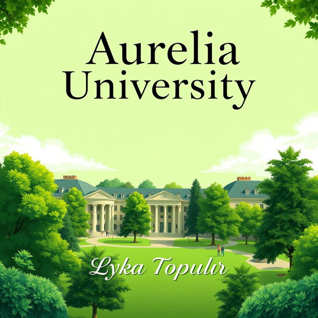 A cover page design for a story titled 'Aurelia University', featuring a vibrant green university campus