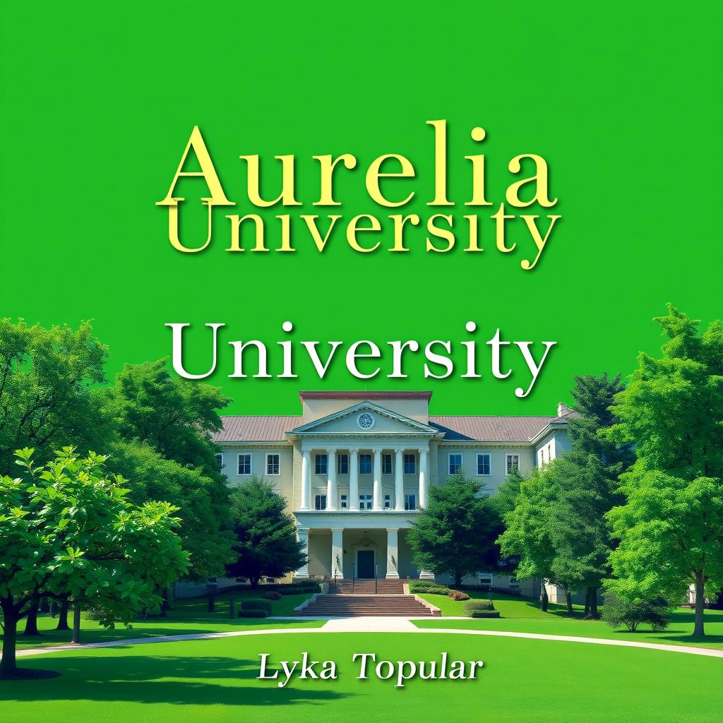 A cover page design for a story titled 'Aurelia University', featuring a vibrant green university campus