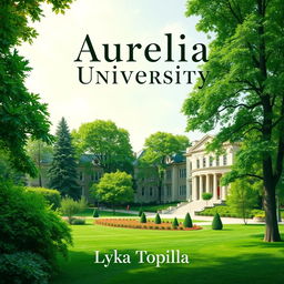 A cover page design for a story titled 'Aurelia University', featuring a vibrant green university campus