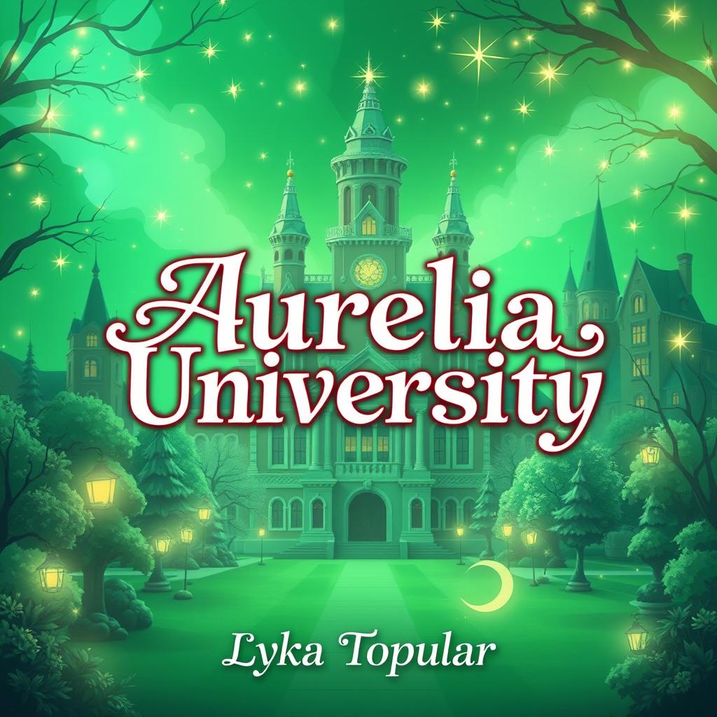 A cover page design for a story titled 'Aurelia University,' depicting a magical school set in a vibrant green university campus