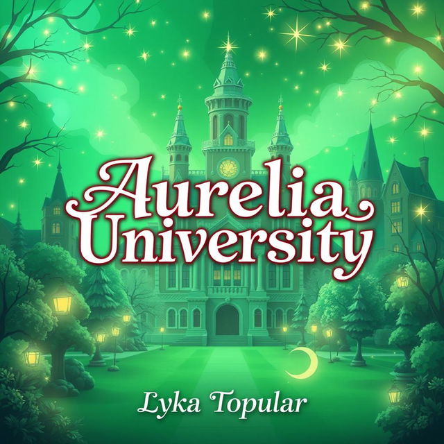 A cover page design for a story titled 'Aurelia University,' depicting a magical school set in a vibrant green university campus