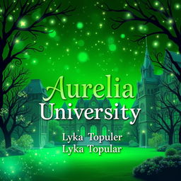 A cover page design for a story titled 'Aurelia University,' depicting a magical school set in a vibrant green university campus