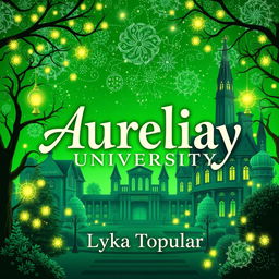 A cover page design for a story titled 'Aurelia University,' depicting a magical school set in a vibrant green university campus