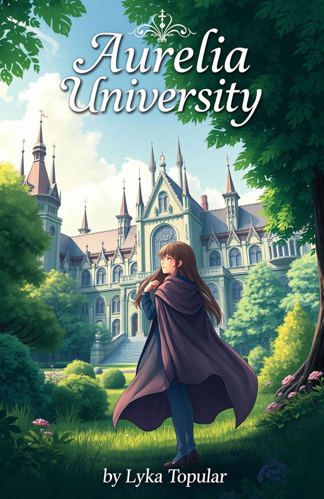 A cover page for the story titled 'Aurelia University', featuring a beautiful, lush green environment representing a magical university setting