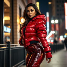 A stunning woman in a tight, shiny red and black puffer suit that accentuates her voluptuous figure and large breasts