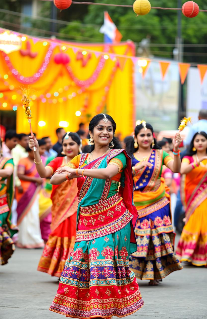 A vibrant scene of traditional Gujarati dancers performing at a cultural festival