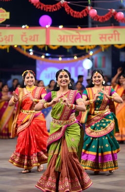 A vibrant scene of traditional Gujarati dancers performing at a cultural festival