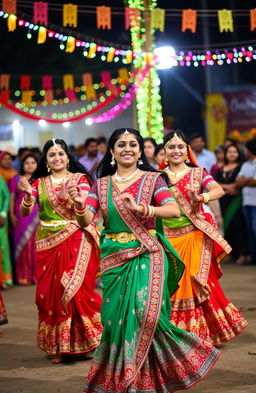 A vibrant scene of traditional Gujarati dancers performing at a cultural festival