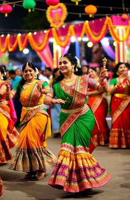 A vibrant scene of traditional Gujarati dancers performing at a cultural festival