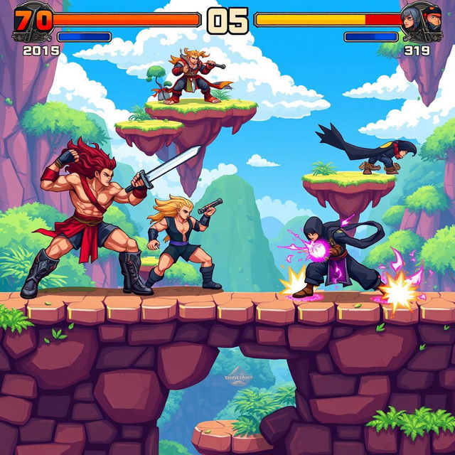 A vibrant pixel art scene depicting a 2D platform fighter game