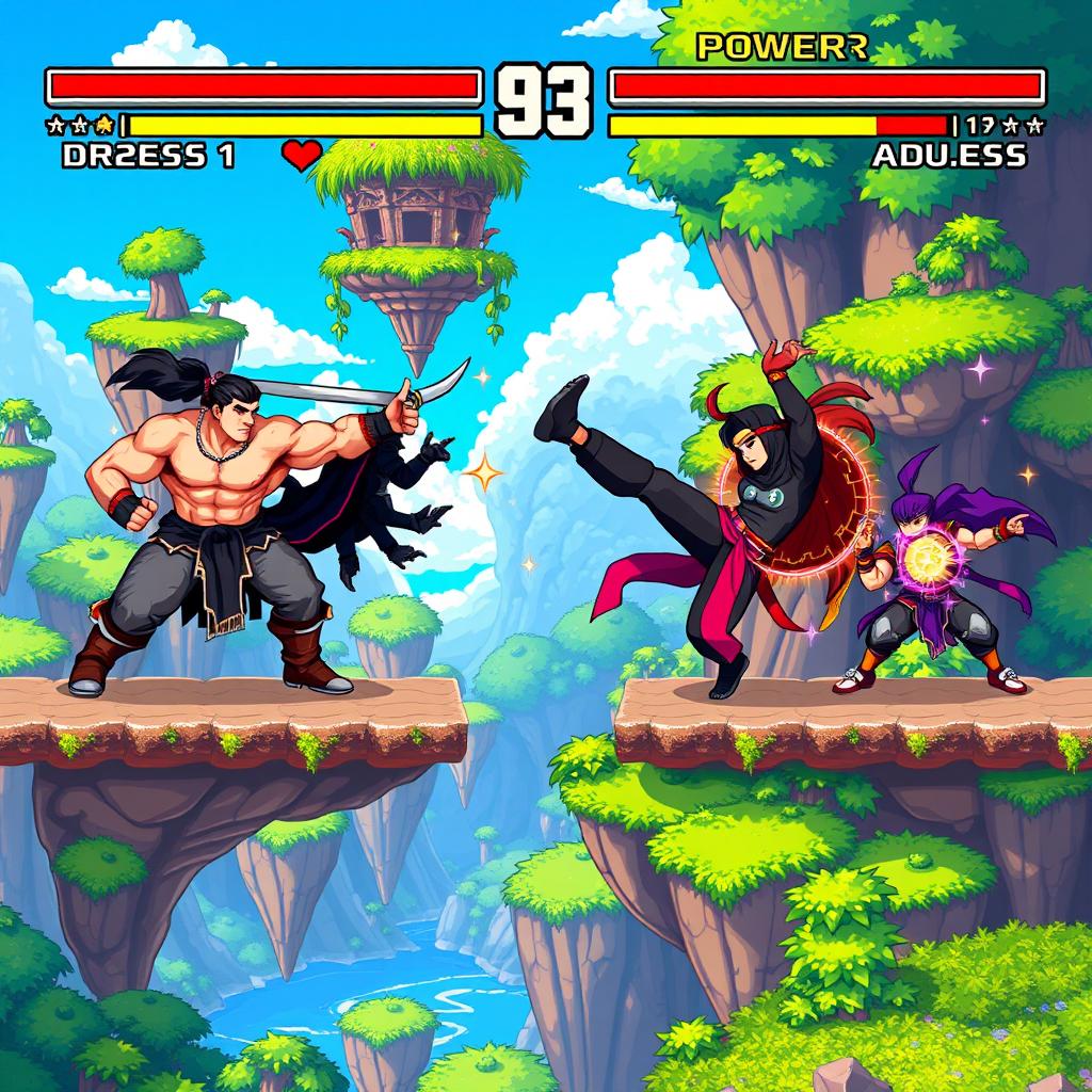 A vibrant pixel art scene depicting a 2D platform fighter game