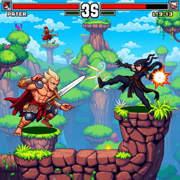 A vibrant pixel art scene depicting a 2D platform fighter game