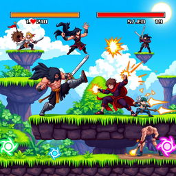 A vibrant pixel art scene depicting a 2D platform fighter game