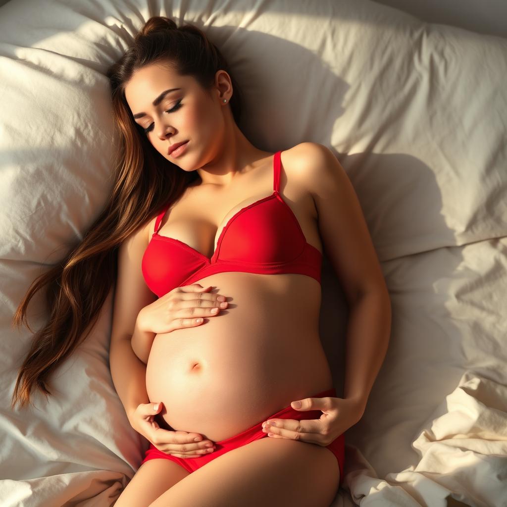 A woman approximately 16 weeks pregnant with long hair styled in a ponytail, peacefully sleeping on a cozy bed