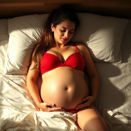 A woman approximately 16 weeks pregnant with long hair styled in a ponytail, peacefully sleeping on a cozy bed