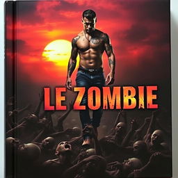 A striking book cover for 'Le Zombie', featuring a muscular man confidently walking over a chaotic scene of traditional Haitian-style zombies rising from the ground