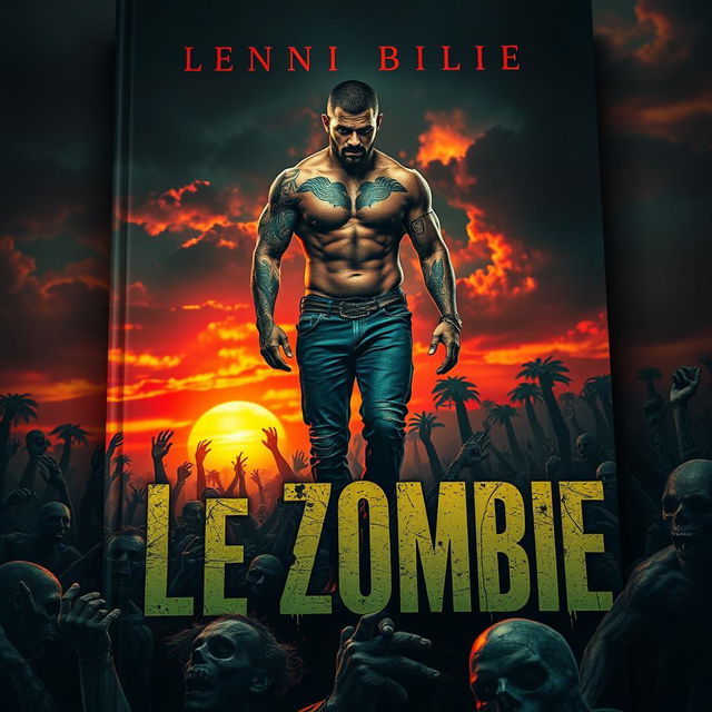 A striking book cover for 'Le Zombie', featuring a muscular man confidently walking over a chaotic scene of traditional Haitian-style zombies rising from the ground