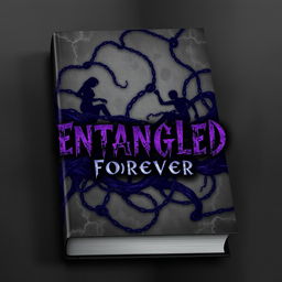 An eerie book cover design featuring an abstract representation of entanglement with dark, twisted vines or chains intertwining and spiraling across the cover