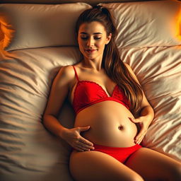 A woman approximately 16 weeks pregnant with long hair styled in a ponytail, lying serenely on a soft bed
