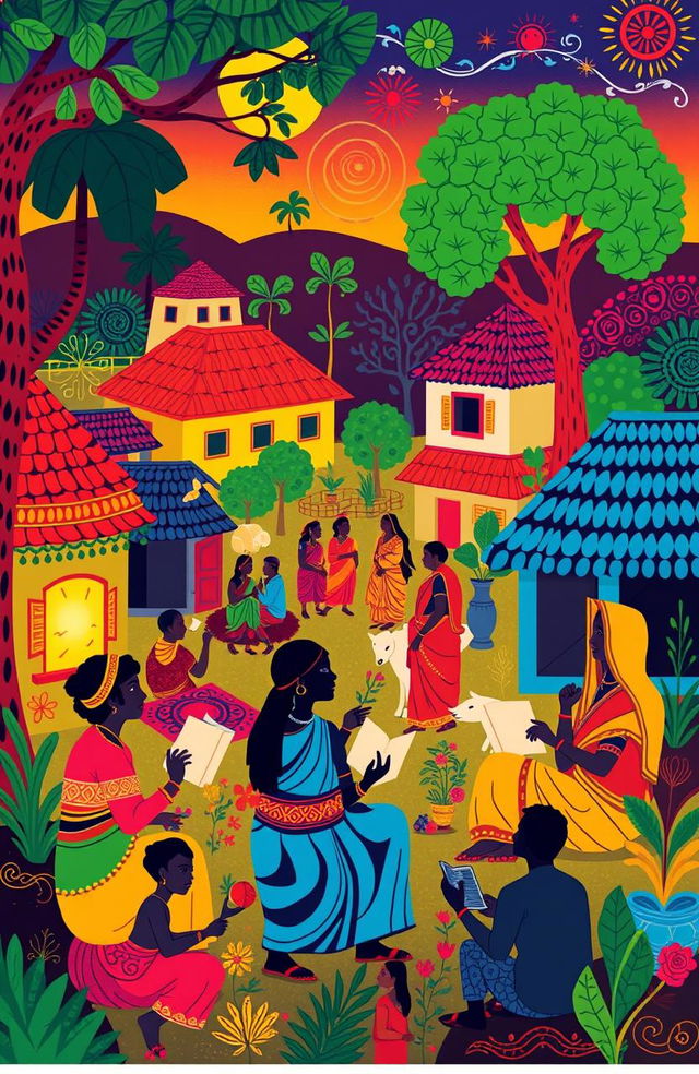 A vibrant and colorful illustration inspired by Worli art depicting scenes from the best stories of Dhumketu, featuring traditional motifs, intricate patterns, and dynamic silhouettes of characters engaged in storytelling