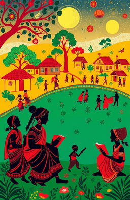A vibrant and colorful illustration inspired by Worli art depicting scenes from the best stories of Dhumketu, featuring traditional motifs, intricate patterns, and dynamic silhouettes of characters engaged in storytelling