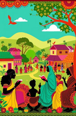 A vibrant and colorful illustration inspired by Worli art depicting scenes from the best stories of Dhumketu, featuring traditional motifs, intricate patterns, and dynamic silhouettes of characters engaged in storytelling
