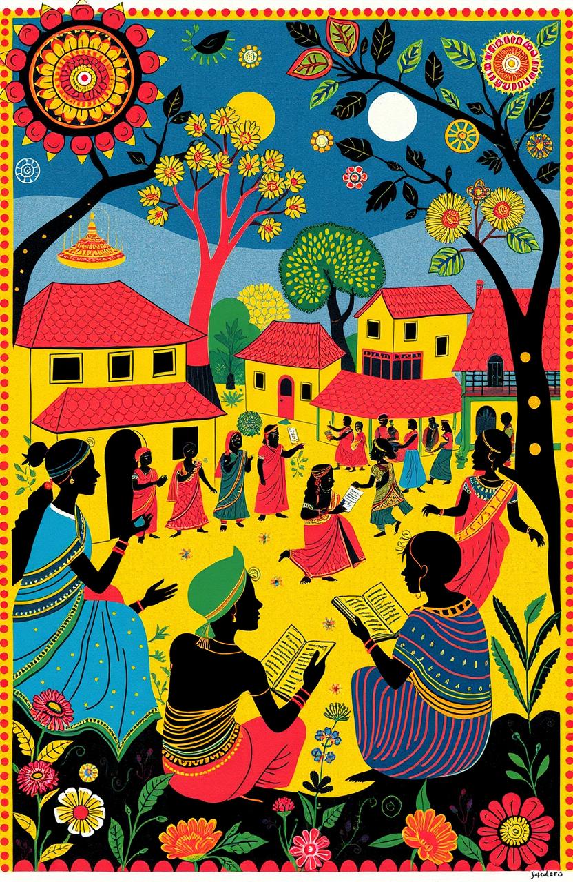 A vibrant and colorful illustration inspired by Worli art depicting scenes from the best stories of Dhumketu, featuring traditional motifs, intricate patterns, and dynamic silhouettes of characters engaged in storytelling