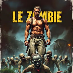 A gripping book cover for the novel "Le Zombie," featuring a muscular man walking confidently over a scene of zombies in a Haitian setting