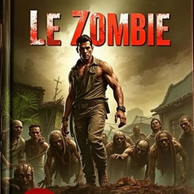 A gripping book cover for the novel "Le Zombie," featuring a muscular man walking confidently over a scene of zombies in a Haitian setting