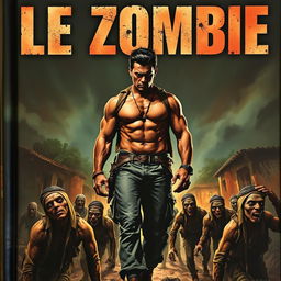 A gripping book cover for the novel "Le Zombie," featuring a muscular man walking confidently over a scene of zombies in a Haitian setting