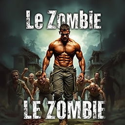 A gripping book cover for the novel "Le Zombie," featuring a muscular man walking confidently over a scene of zombies in a Haitian setting