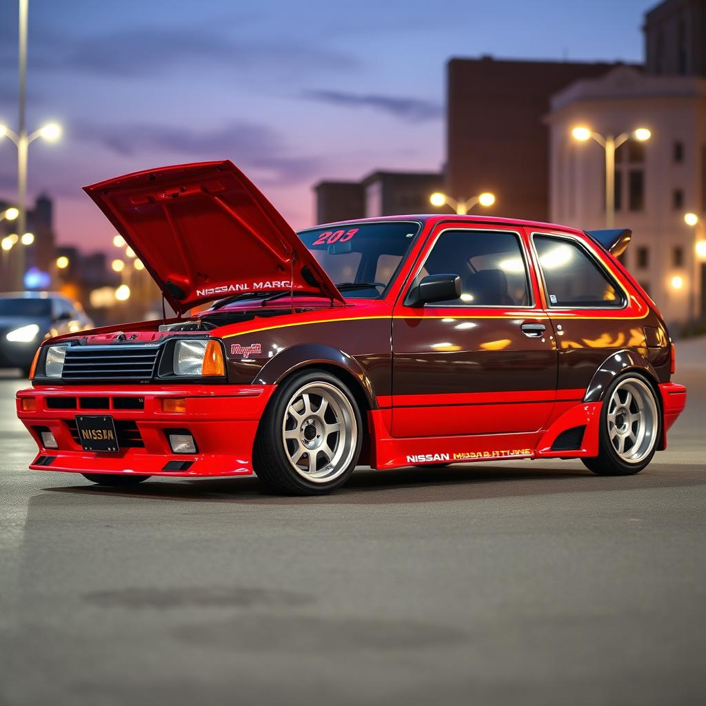 A classic 1988 Nissan March, beautifully tuned and customized, showcasing a vibrant paint job and sleek aerodynamic body kit