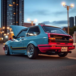 A classic 1988 Nissan March, beautifully tuned and customized, showcasing a vibrant paint job and sleek aerodynamic body kit