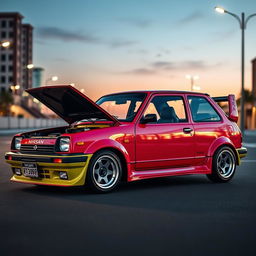 A classic 1988 Nissan March, beautifully tuned and customized, showcasing a vibrant paint job and sleek aerodynamic body kit