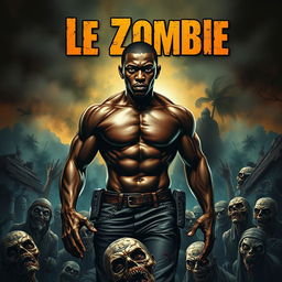 A captivating book cover for the novel "Le Zombie," featuring a young, muscular Black man confidently walking over a scene filled with zombies in a Haitian environment