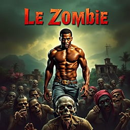 A captivating book cover for the novel "Le Zombie," featuring a young, muscular Black man confidently walking over a scene filled with zombies in a Haitian environment