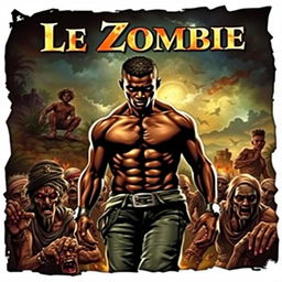 A captivating book cover for the novel "Le Zombie," featuring a young, muscular Black man confidently walking over a scene filled with zombies in a Haitian environment