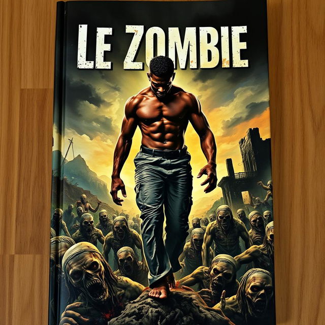 A captivating book cover for the novel "Le Zombie," featuring a young, muscular Black man confidently walking over a scene filled with zombies in a Haitian environment