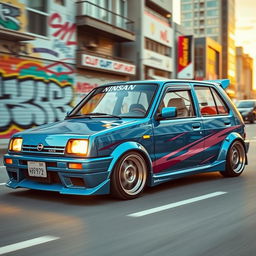 A vibrant Nissan March, a four-door model from the year 1988, showcased in a dynamic urban setting