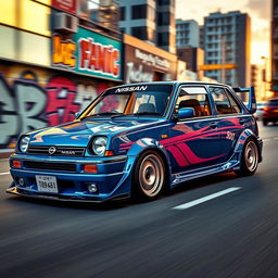 A vibrant Nissan March, a four-door model from the year 1988, showcased in a dynamic urban setting