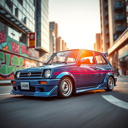 A vibrant Nissan March, a four-door model from the year 1988, showcased in a dynamic urban setting