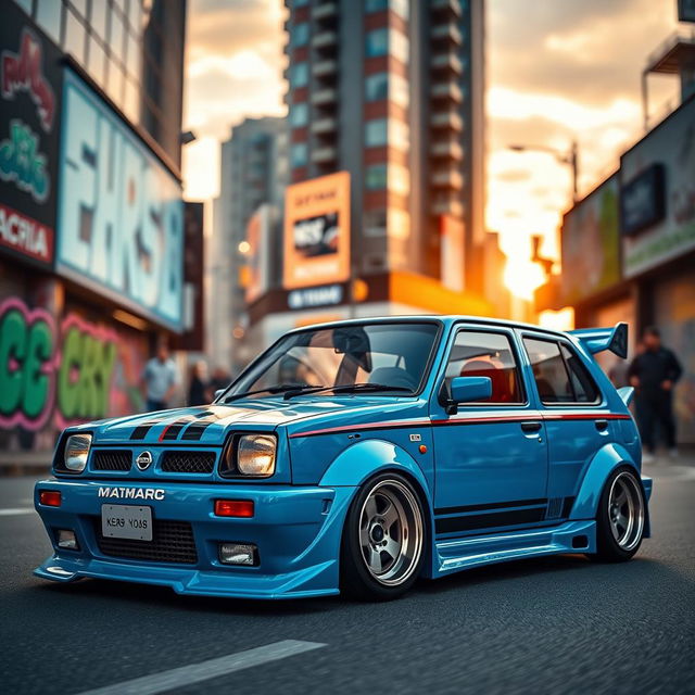 A vibrant Nissan March, a four-door model from the year 1988, showcased in a dynamic urban setting